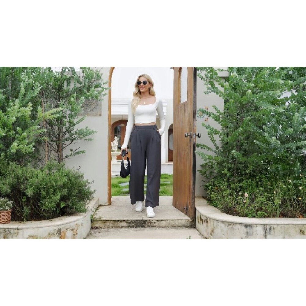 Wide Leg Fleece Lined Palazzo Pants High Waisted Business Casual with Pockets - Picture 8 of 8
